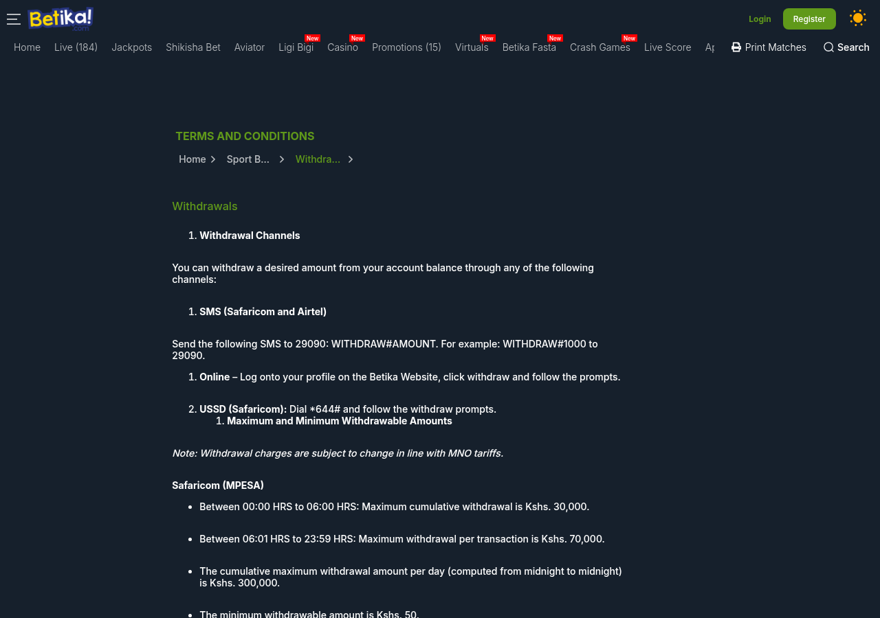 Betika withdrawal rules as rendered on the operator host