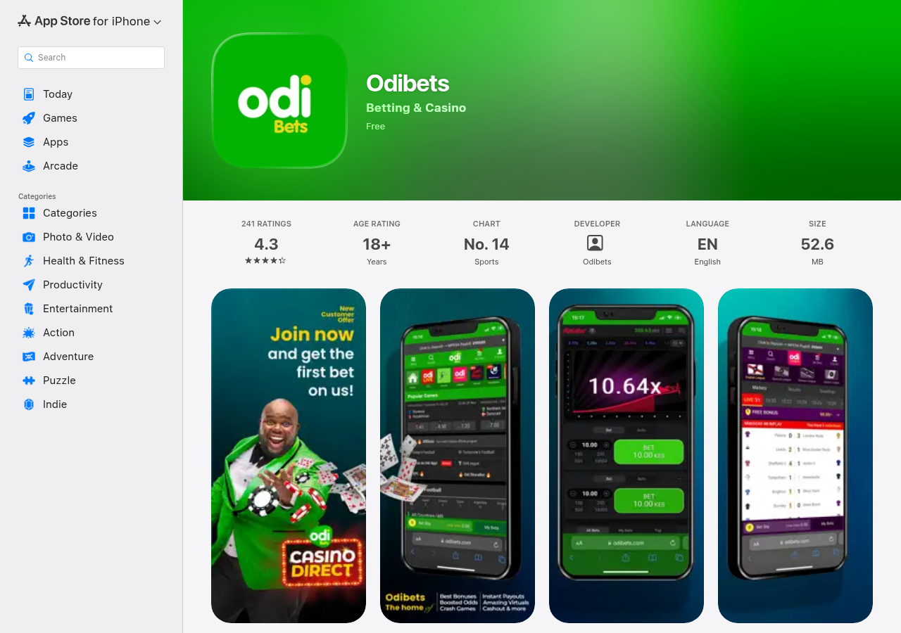 Odibets listing on the Kenya Apple App Store